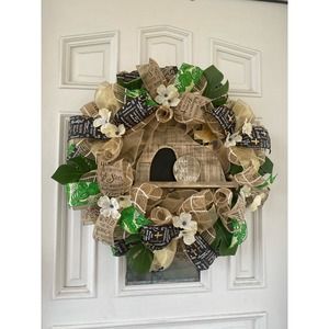 Wooden Christian He is Risen From the Tomb Sign Deco Mesh Ribbon Easter wreath